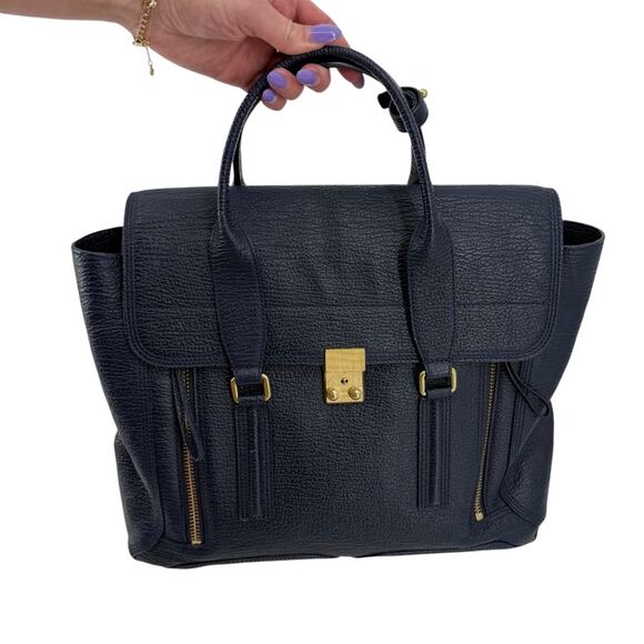 3.1 PHILLIP LIM Textured Calfskin Leather Large Pashli Satchel Ink Navy Blue - Picture 2 of 12
